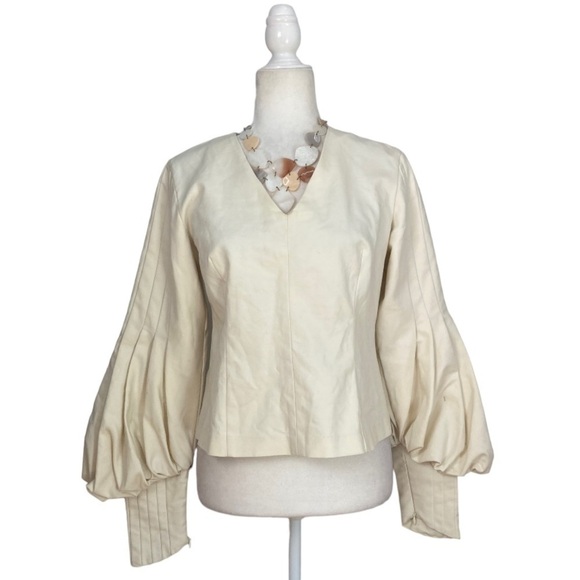 Maison Cinqcent Pleated Balloon Sleeve Top NWOT V Neck Cotton - Picture 2 of 12